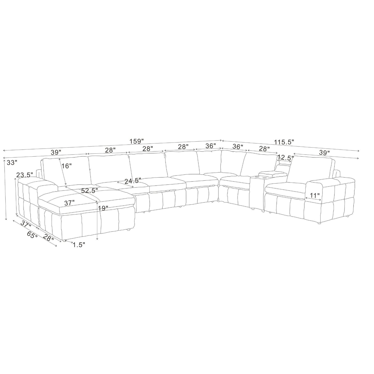 Modular Sectional With Large Square Arms, Custom Configuration