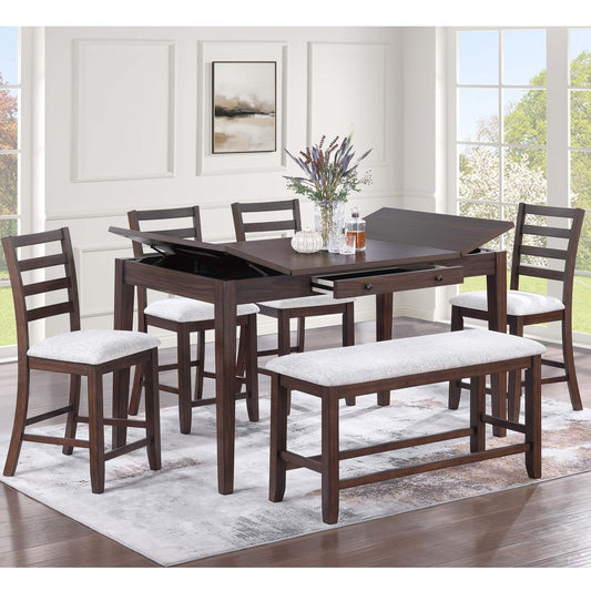 6 Piece Counter Height Dining Set Table With Storage Ladder Back Chairs And Bench - Walnut