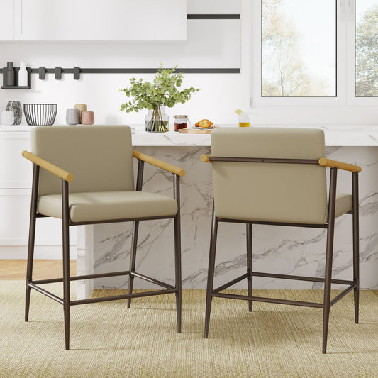 Mid Century Modern Counter Stool Set With Espresso Metal Frame - Khaki
