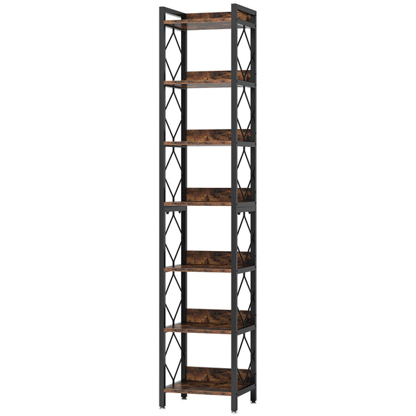 Extra Tall 7 Tier Narrow Corner Bookshelf Storage Display Rack For Living Room - Rustic Brown