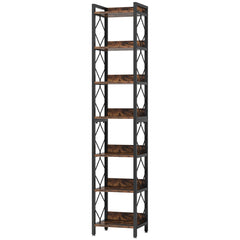 Extra Tall 7 Tier Narrow Corner Bookshelf Storage Display Rack For Living Room - Rustic Brown