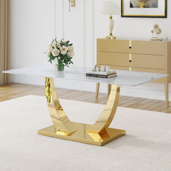 Modern Simple Rectangular Dining Table With Patterned Top And Smooth Legs For Kitchen Dining Room Or Living Room - Golden / White