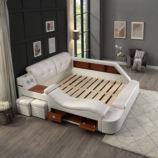 Multifunctional Upholstered Storage Bed Frame, Massage Chaise Lounge On Left