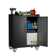 2 Door Tool Cabinets For Garage, Lockable Garage Storage Cabinet, Locking Storage Cabinet With Wheels, Rolling Tool Chest - Black