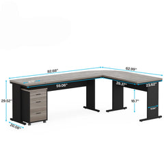 L-Shaped Executive Desk With Reversible Design, 3 Drawer Mobile File Cabinet For Home Office Workstation - Gray / Black
