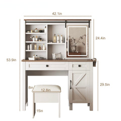 Rustic Farmhouse Makeup Vanity Desk With Sliding Mirror, LED Lights, And Charging Socket - White