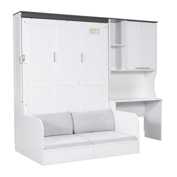 Multi Functional Murphy Bed With Sofa, Desk, And Storage Cabinet In, Full Size - White