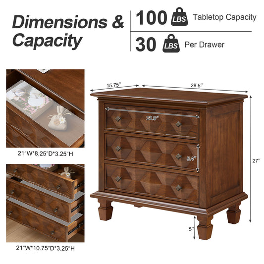 Nightstand With Charging Station, 3 Drawer Bedside Table - Walnut