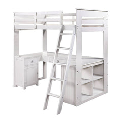 Ambar - Twin Loft Bed With Desk & Bookcase & Chest - Light Gray