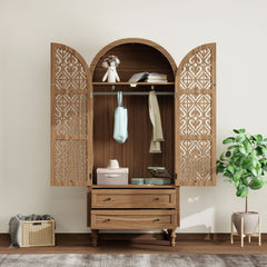 Tall Kitchen Pantry Cabinet With Hollow Carved Doors 2 Drawers And Adjustable Shelves Storage Display Cabinet For Kitchen Dining Room Or Living Room - Walnut