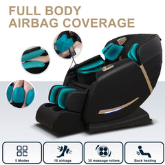 Full Body Massage Chair With Zero Gravity Recliner, With Two Control Panel: Smart Large Screen & Rotary Switch, Spot Kneading And Heating - Black