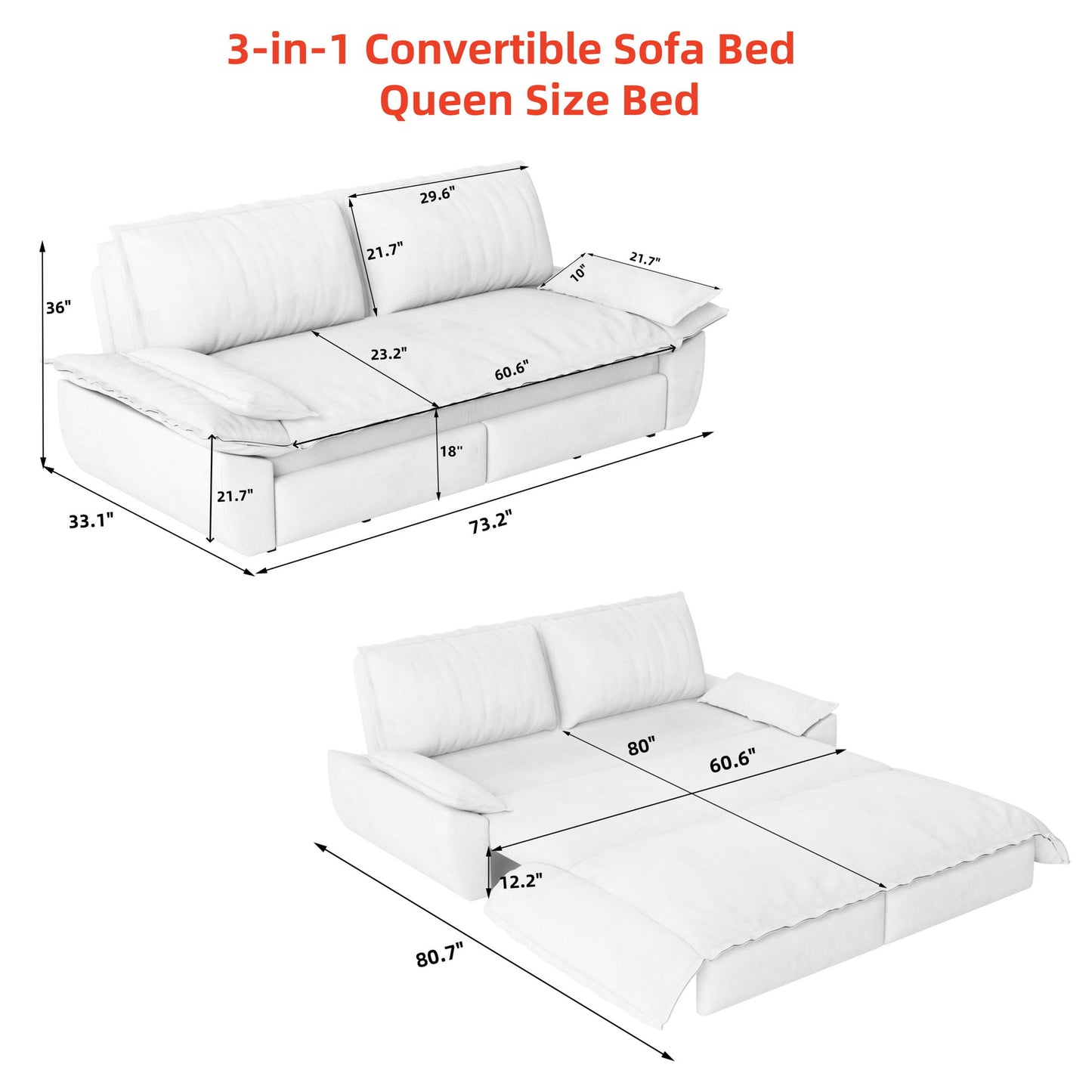 Queen Pull Out 3 In 1 Convertible Sleeper Sofa Bed - Blue