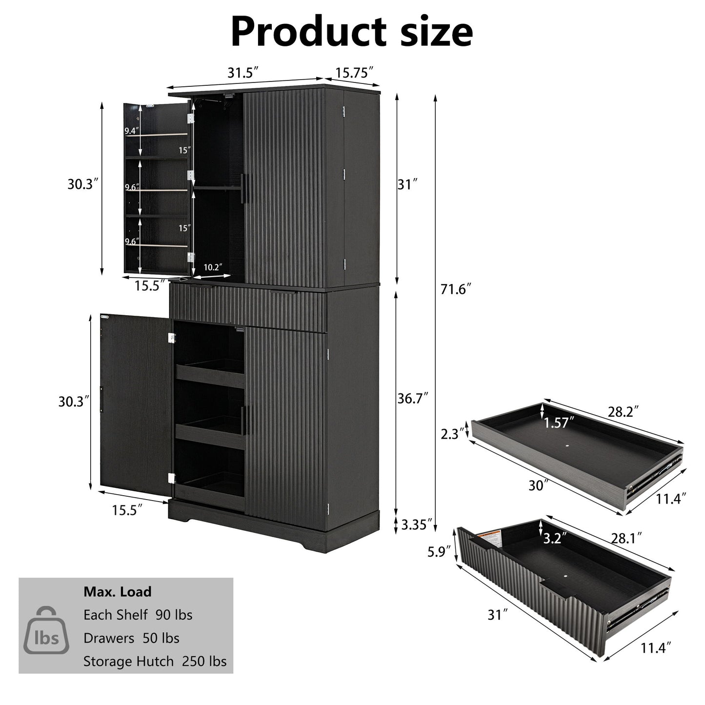 Fluted Kitchen Pantry Cabinet With 3 Keyboard Drawers & 6 Door Shelves Adjustable