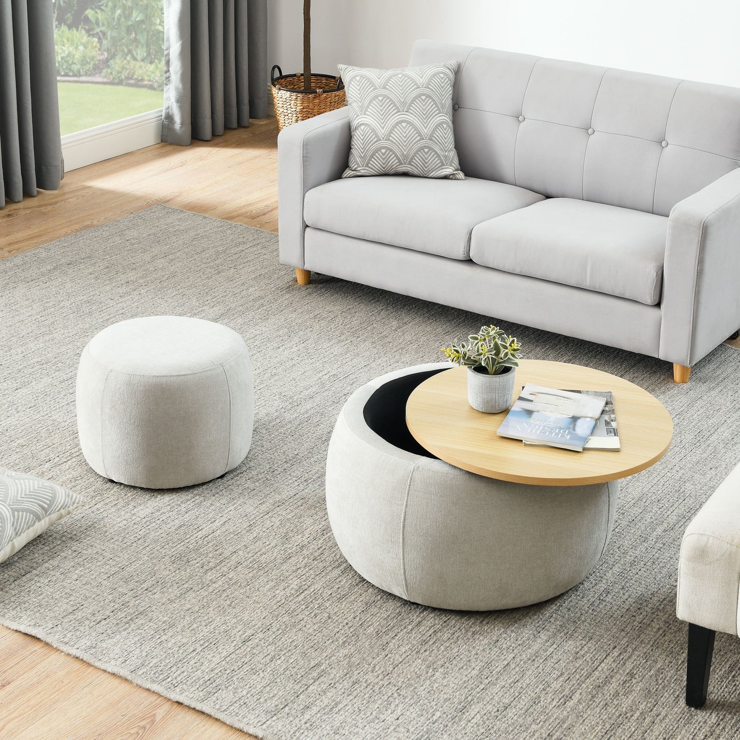 Round Storage Ottoman, 2 In 1 Function, End Table And Ottoman
