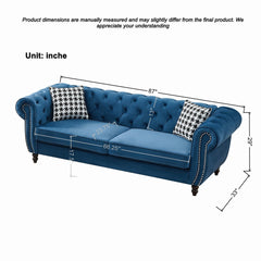 Mid Century Chesterfield Velvet Fabric Sofa With Roll Armrest & Nailhead, Blue, 87 Inches