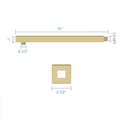 Wall Mounted Shower Arm With Flange, 16" Stainless Steel For Rain Shower Heads - Gold