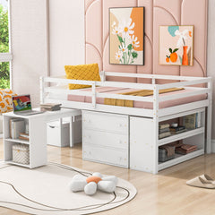 Loft Bed With Retractable Writing Desk And 3 Drawers With Storage Stairs And Shelves