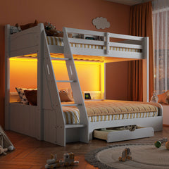 Bunk Bed With Storage Shelves, LED Lighting, Charging Station And Drawer