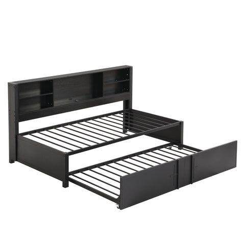 Industrial Metal Daybed With Trundle, Storage Shelves, USB Ports