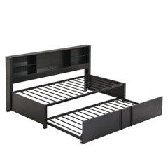 Industrial Metal Daybed With Trundle, Storage Shelves, USB Ports