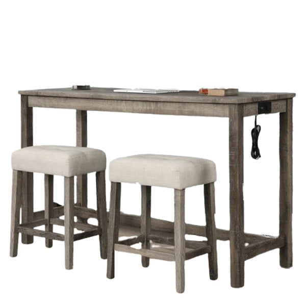 3 Piece Counter Bar Dining Set Table With Electric Outlet And 2 USB Ports, Tufted Upholstered Stools - Brown / Beige