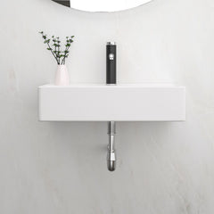 Modern Ceramic Rectangular Wall Mounted Bathroom Sink With Faucet Hole & Overflow
