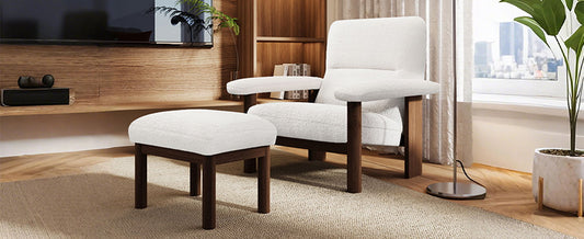 Modern Accent Chair With Ottoman, Mid Century Lounge Chair With Footrest, Comfy Fabric Armchair Upholstered Set With Solid Wood Frame For Living Room - White