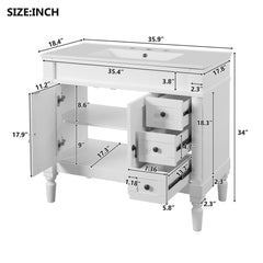 Bathroom Vanity With Ceramic Sink, 2 Doors 3 Drawers, Soft Close Design