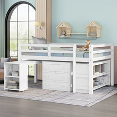 Loft Low Study Bed With Cabinet, Shelves And Rolling Portable Desk, Multiple Functions