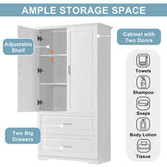 Tall Bathroom Storage Cabinet, Cabinet With 2 Doors And Drawers, Adjustable Shelf
