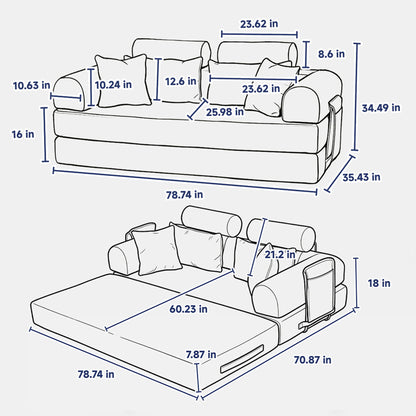 Convertible Sleeper Sofa Bed, Foldable Multi Functional Couch For Living Room - Navy / Red