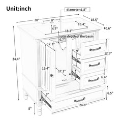 30" Bathroom Vanity With Sink, 3 Drawers, Adjustable Feet