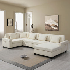 U Shaped Sectional Sofa 6 Seat Couch Set With Oversized Ottoman, Hidden Armrest Storage And Cup Holders USB Charging Ports Wide Seat Sofa