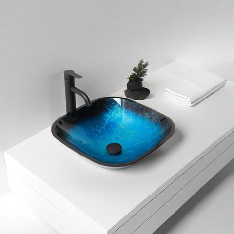 Artistic Vessel Sink With Faucet And Pop Up Drain - Blue