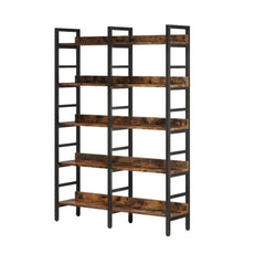 5 Tier Double Wide Bookshelf For Living Room - Rustic Brown