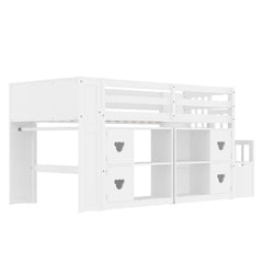 Loft Bed With Storage Cabinets, Staircase Drawers & LED Lights