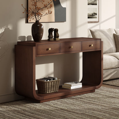 Console Table With 3 Drawers, Display Shelf, Curved Legs - Walnut