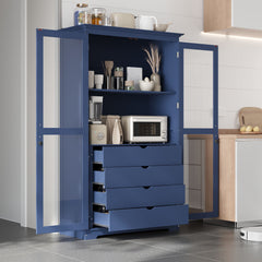 Kitchen Pantry, Freestanding Kitchen Storage Cabinet Display Cabinet With Glass Doors And 4 Built In Drawers For Living Room, Home Office - Blue