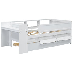 Twin Daybed With Drawers, Trundle, Headboard Storage, Study Desk, And USB Charging Station - White