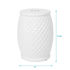 Glazed Ceramic Drum Stool Indoor / Outdoor Side Table Ceramic - White
