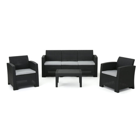 Velvora - Outdoor Wicker Set With 3 Seater Sofa, 2 Club Chairs, Coffee Table And Cushions - Brown