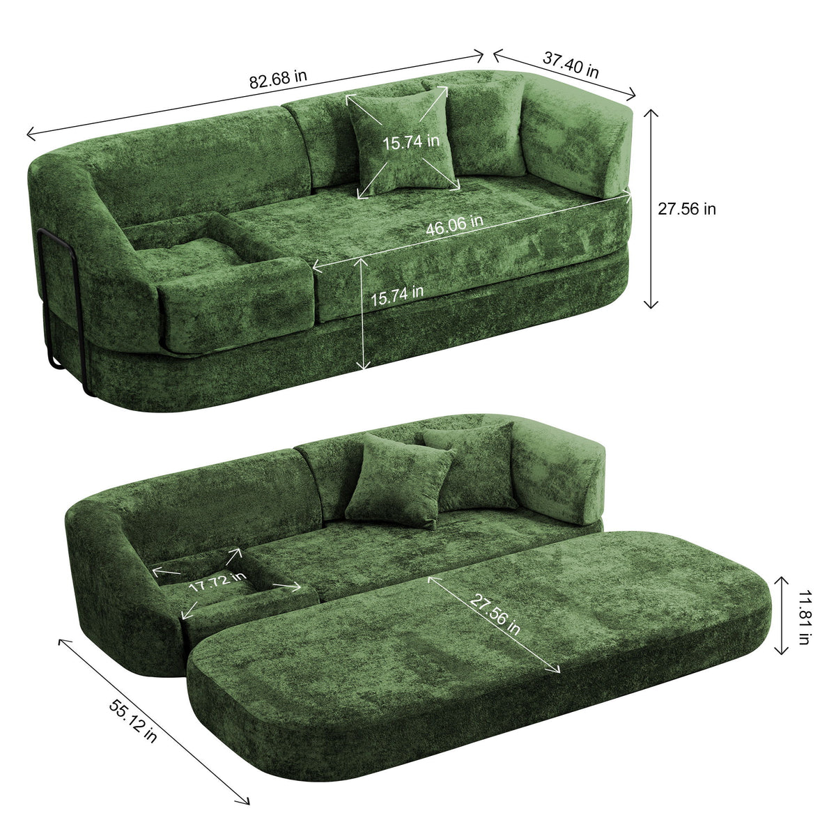 3 Seater Sofa With Built In Pet Bed Nook, Curved Design And 2 Throw Pillows