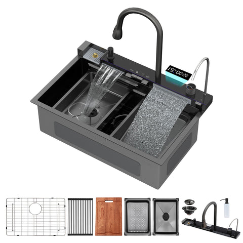 30" Whale Digital Waterfall Sink With LED Display, 16 Gauge Single Bowl Ledge Workstation - Gunmetal Black