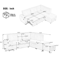Pull-Out L-Shaped Sectional Sofa With Movable Ottoman And Stool, Large Storage Space, A Cup Holder, And 2 USB Ports For Living Room