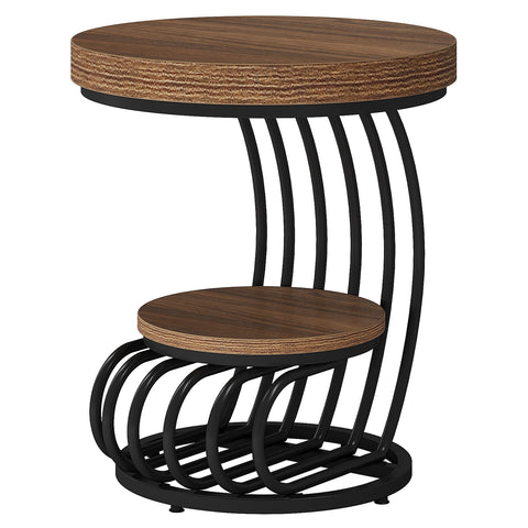 Round Vintage End Table With 2 Tier Storage