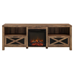 Industrial Farmhouse Metal Mesh Drop Down X Door Fireplace TV Stand