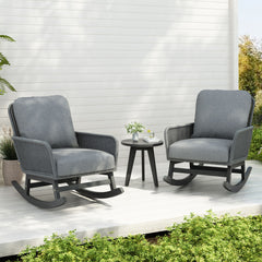 Modern 3 Piece Outdoor Seating Set With Cushioned Rattan Rocking Chairs And Wooden Accent Table