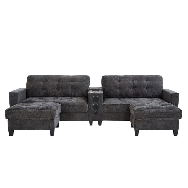 Modern Sectional Sofa U-Shaped With Movable Ottomans, Bluetooth Speakers, LED Lights And Modular Storage