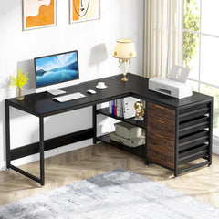 L-Shaped Computer Desk With Drawers And Shelves, Workstation For Home Office
