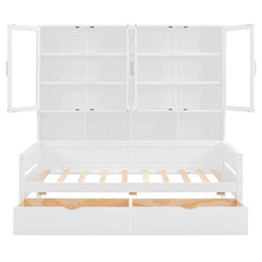 Daybed With Glass Door Storage Cabinets, Built In LED Lighting And Shelves